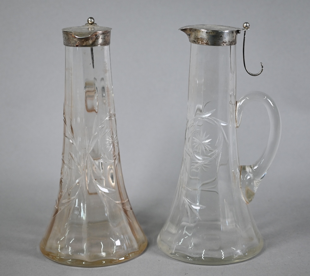 Pair of Edwardian cut glass claret jugs with flared bases and silver collars and covers with - Image 2 of 5