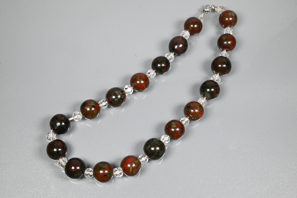 A moss agate bracelet formed of chain-linked oval discs, a Victorian piqué work brooch and a row - Image 3 of 6