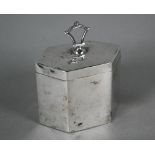 Sheraton revival tea caddy of elongated hexagonal form, with top swing loop handle and hinged cover,