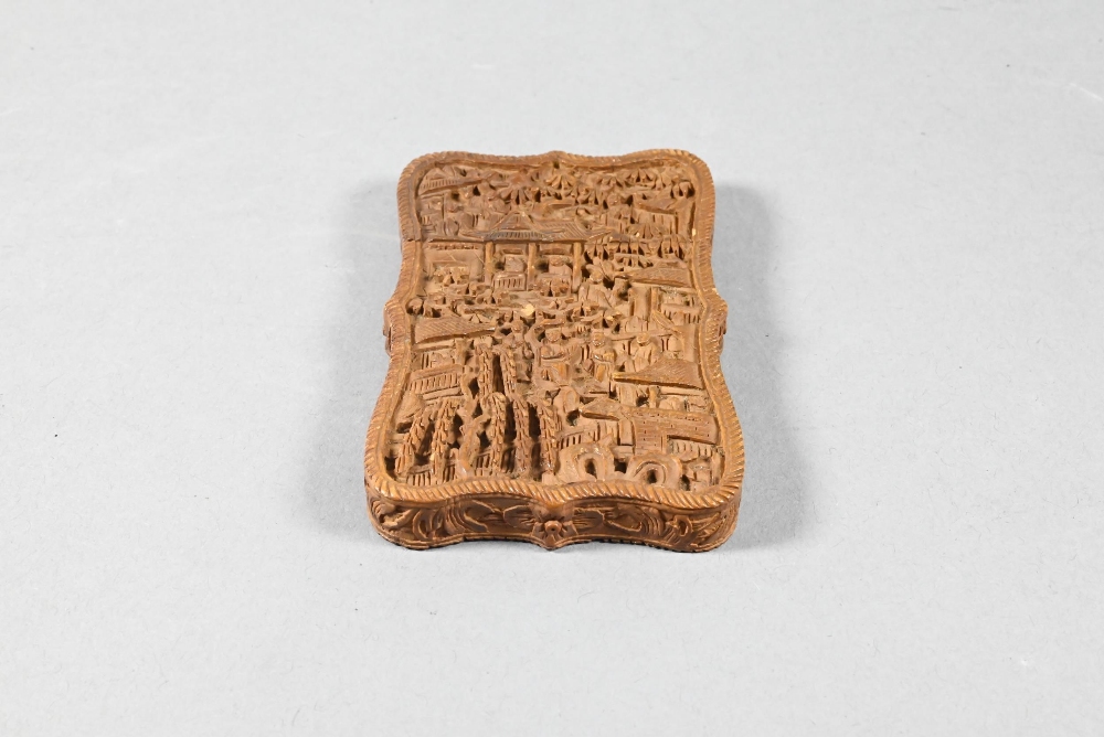 A 19th century Chinese Canton sandalwood card case profusely carved with a village scene, - Image 5 of 10
