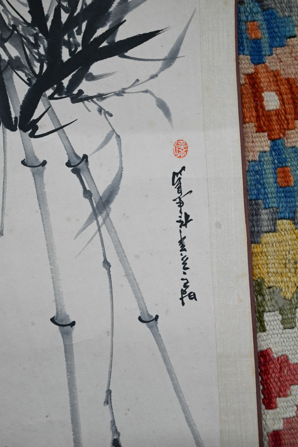 A Singaporean traditional hand scroll painting, ink and colour on silk with a figure walking through - Image 7 of 8