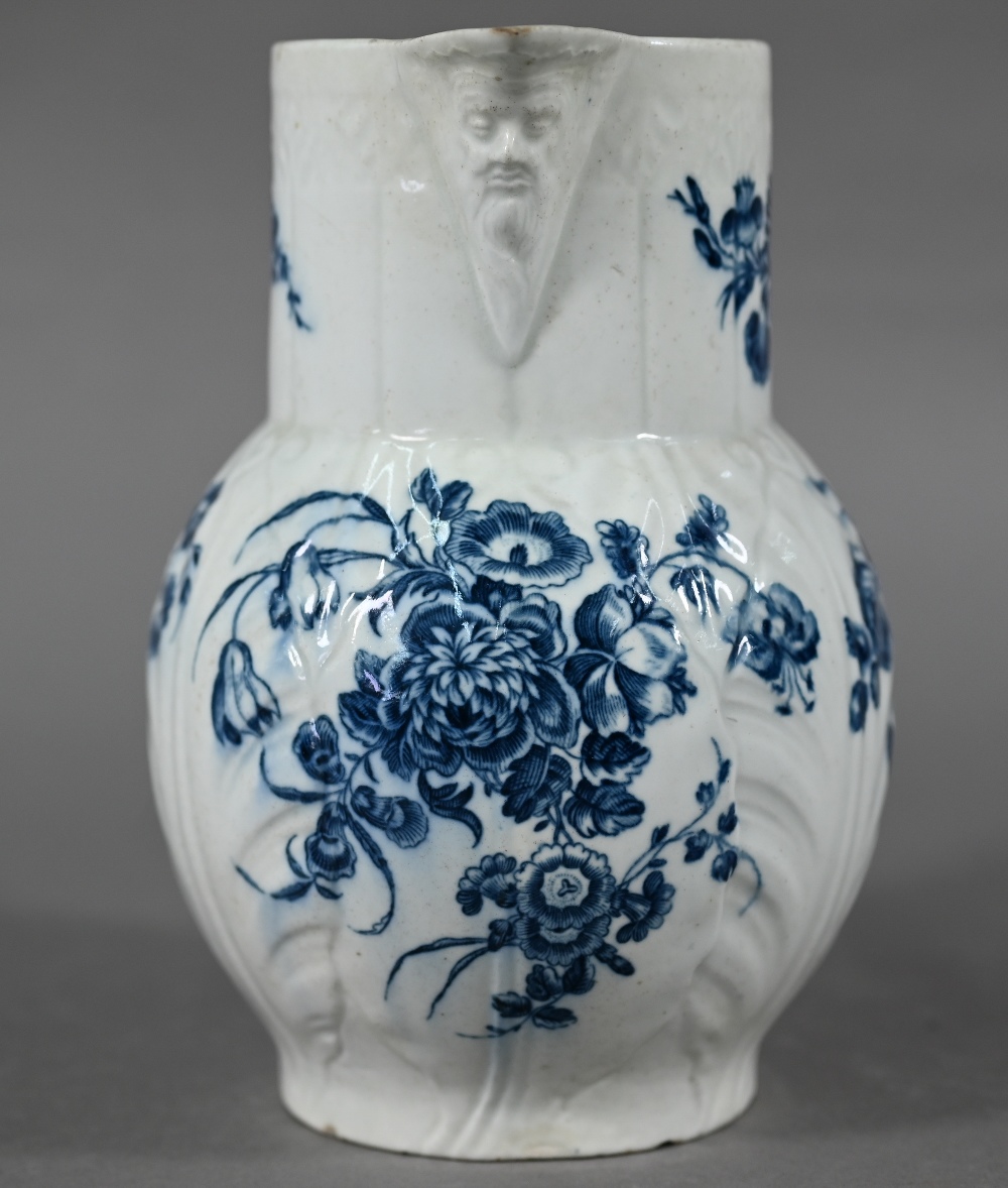 First Period Worcester cabbage-leaf jug with Bacchus-mask spout and scroll handle, printed with blue - Image 3 of 5