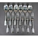 Set of six each Edwardian silver fiddle pattern dessert spoons and forks, Josiah Williams & Co,