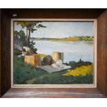 Fritz Smedberg (1900-1977) - Riverbank with washerwoman, oil on canvas, signed lower right, 39 x
