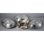 Three oval entrée dishes and covers with detachable handles,, to/w a Mappin & Webb Prince's Plate