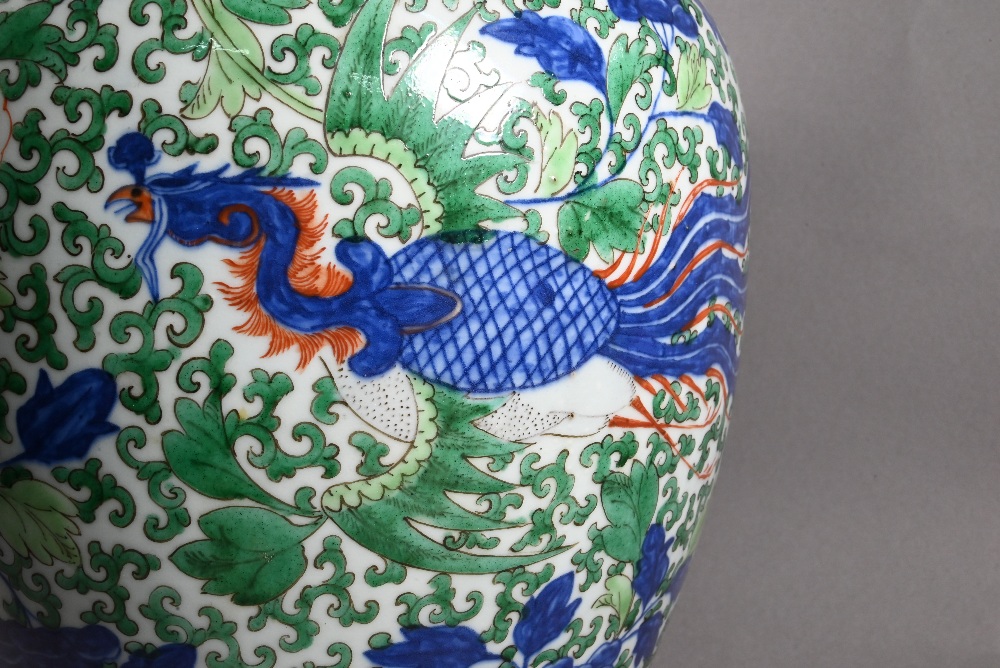 A large Chinese wucai vase, late Qing, painted in underglaze blue, copper red and polychrome enamels - Image 6 of 14