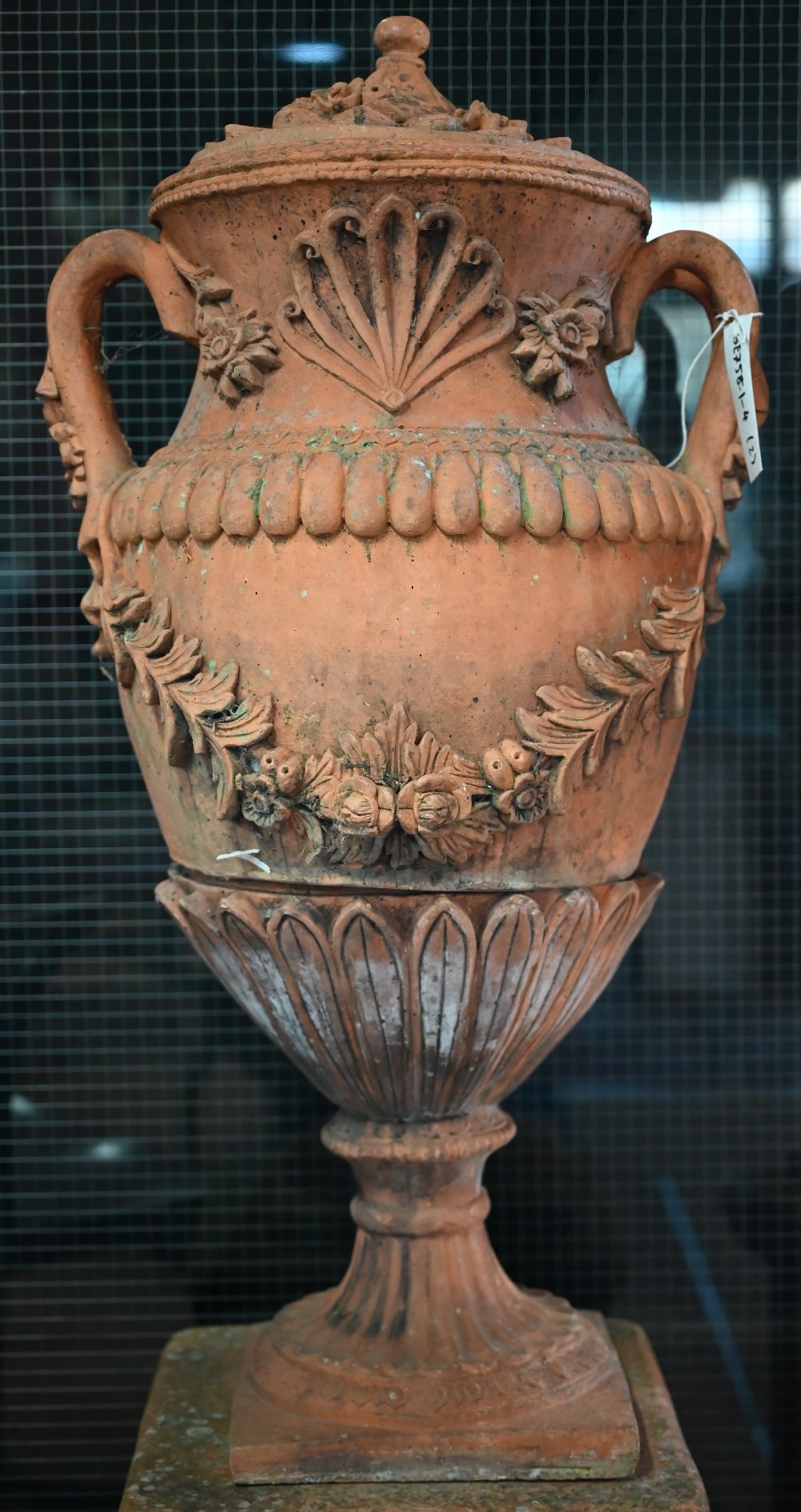 A large pair of weathered classical cast terracotta lidded urns, with twin loop handles and - Image 4 of 4