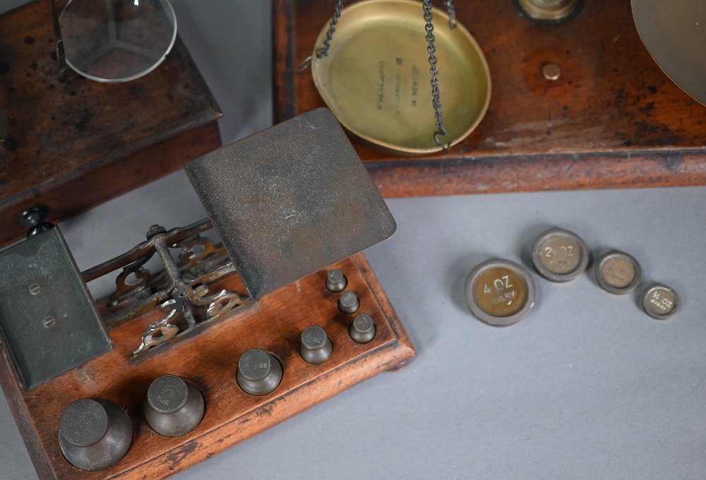 A 19th century set of brass and steel scales on mahogany base with drawer, 37 cm high to/w a large - Image 3 of 4