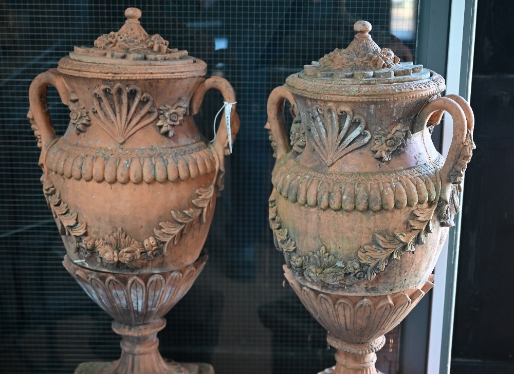 A large pair of weathered classical cast terracotta lidded urns, with twin loop handles and - Image 2 of 4