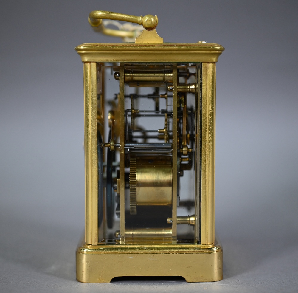 A French lacquered brass 8-day twin drum hour repeat carriage clock, with white enamelled roman - Image 3 of 4