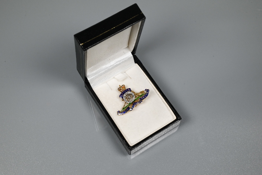 A 9ct yellow gold Royal Artillery sweetheart brooch, diamond set and with enamel decoration, 3.8g - Image 2 of 4