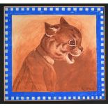 Louis Wain (1860-1939) - Caricature of a cat in white collar, within a blue/white border,