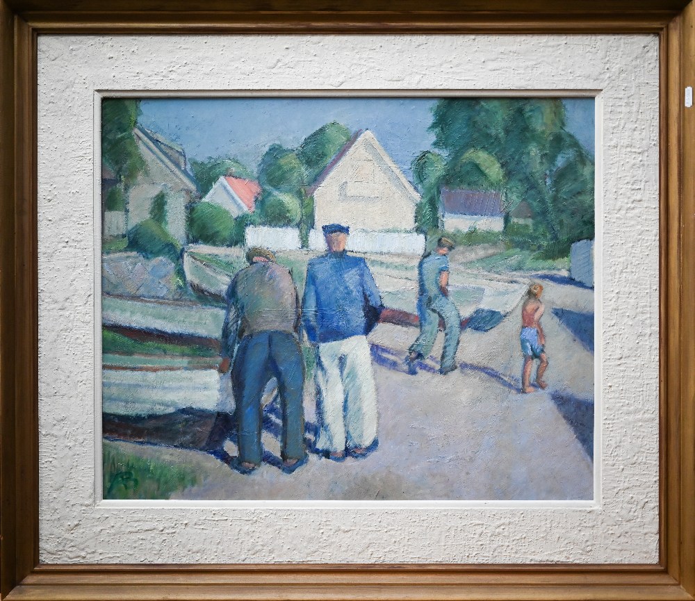 AB - Figures at a boatyard, oil on board, signed lower right, 60 x 50 cm