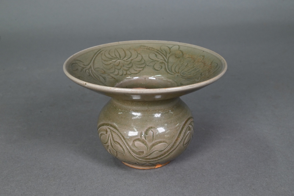 A Chinese Yaozhou celadon cuspidor (zha dou) in the Northern Song dynasty style, incised with