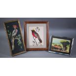 Two framed watercolour and feather pictures of exotic birds to/w an oil on panel, Indonesian