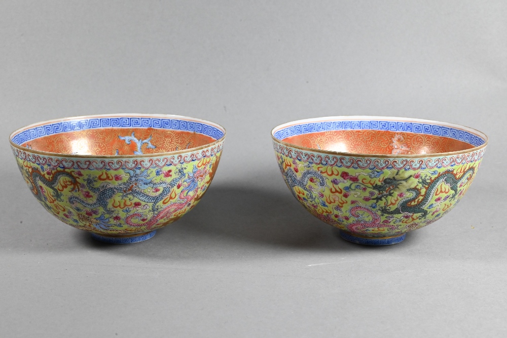 Two 20th century Chinese egg-shell porcelain bowls painted interiors with phoenix and feather-scroll - Image 7 of 16