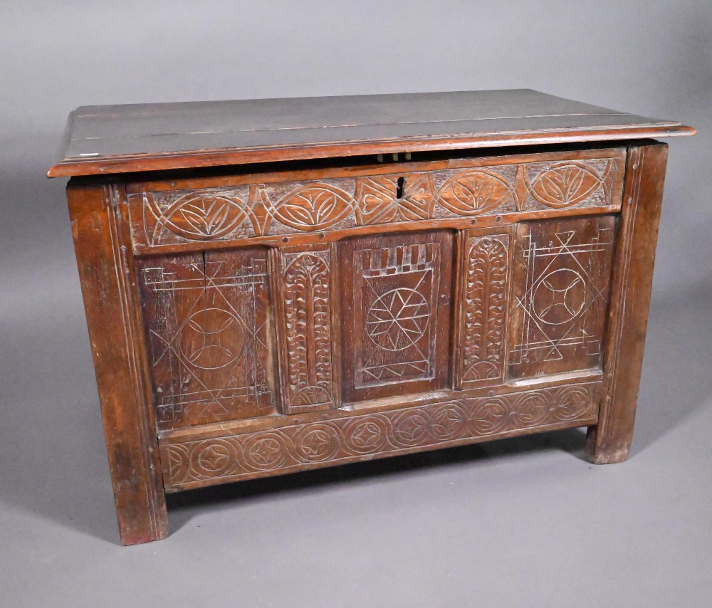 An early 18th and later oak coffer, with lunette carved frieze over a trio of incised panels, on - Image 2 of 8