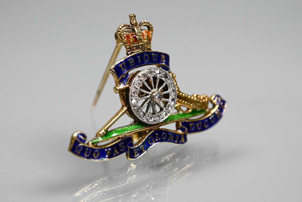 A 9ct yellow gold Royal Artillery sweetheart brooch, diamond set and with enamel decoration, 3.8g - Image 3 of 4