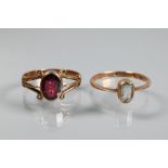 Two 9ct rings, one with split scroll shoulders set with garnet, size N and one set pale blue