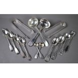 Various 19th Century fiddle pattern silver flatware, including two sauce ladles, two pairs of