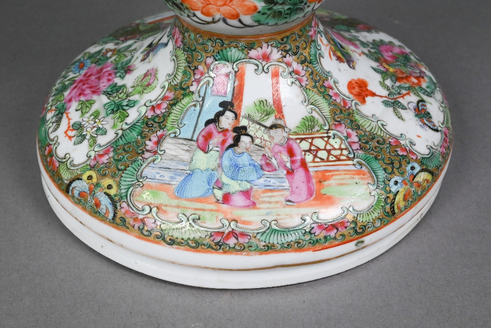 A late 19th century Chinese Canton famille rose stand (lamped) gilded and painted with figures, - Image 3 of 8
