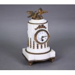 A late 19th century French gilt metal mounted white alabaster mantel clock, the 8-day single drum
