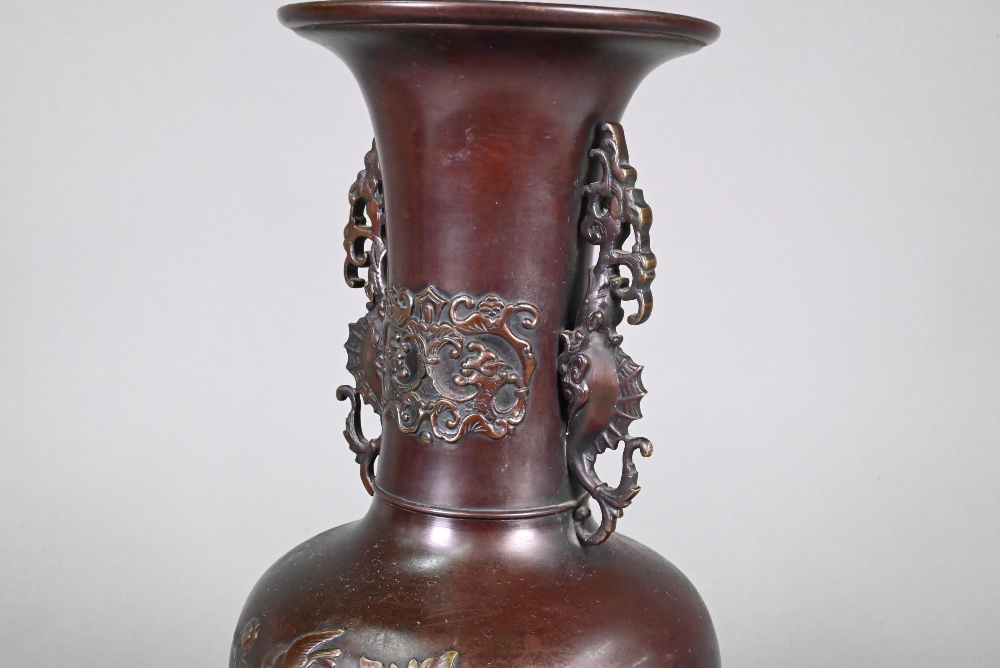 A pair of late 19th or early 20th century Japanese bronze vases, the flaring necks with archaistic - Image 6 of 7