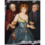 A Persian Picture rug 'The Lady Gambler', two gentlemen flanking lady, 98 cm x 62 cm