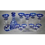 Antique blue flash decanter and stopper, 25 cm high to/w six blue flash wine glasses and six