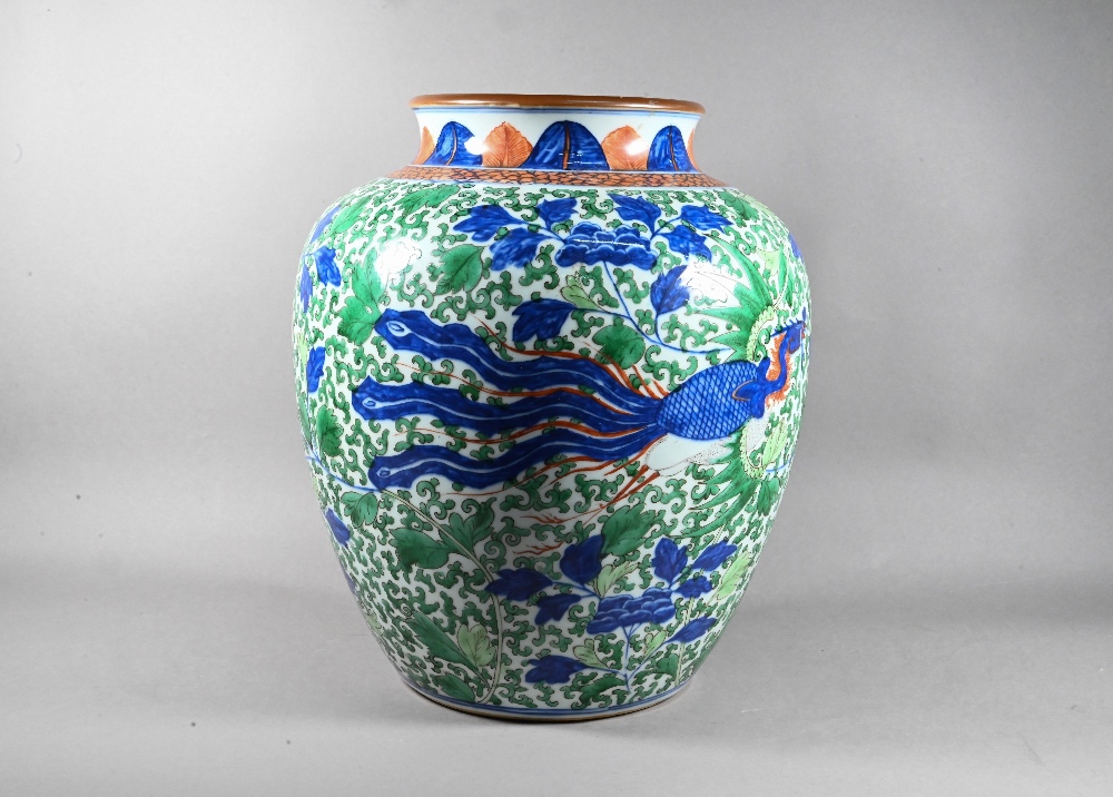 A large Chinese wucai vase, late Qing, painted in underglaze blue, copper red and polychrome enamels - Image 2 of 14