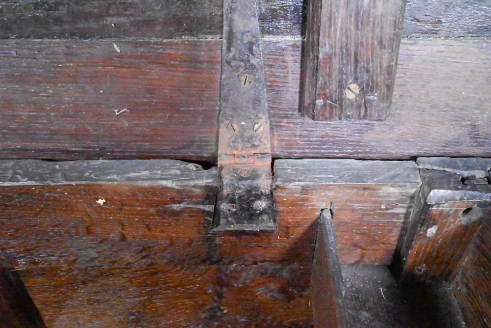 An early 18th and later oak coffer, with lunette carved frieze over a trio of incised panels, on - Image 7 of 8