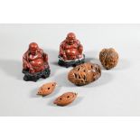 Four Chinese carved fruit pit or fruit stone items, Guangdong province, including two boat