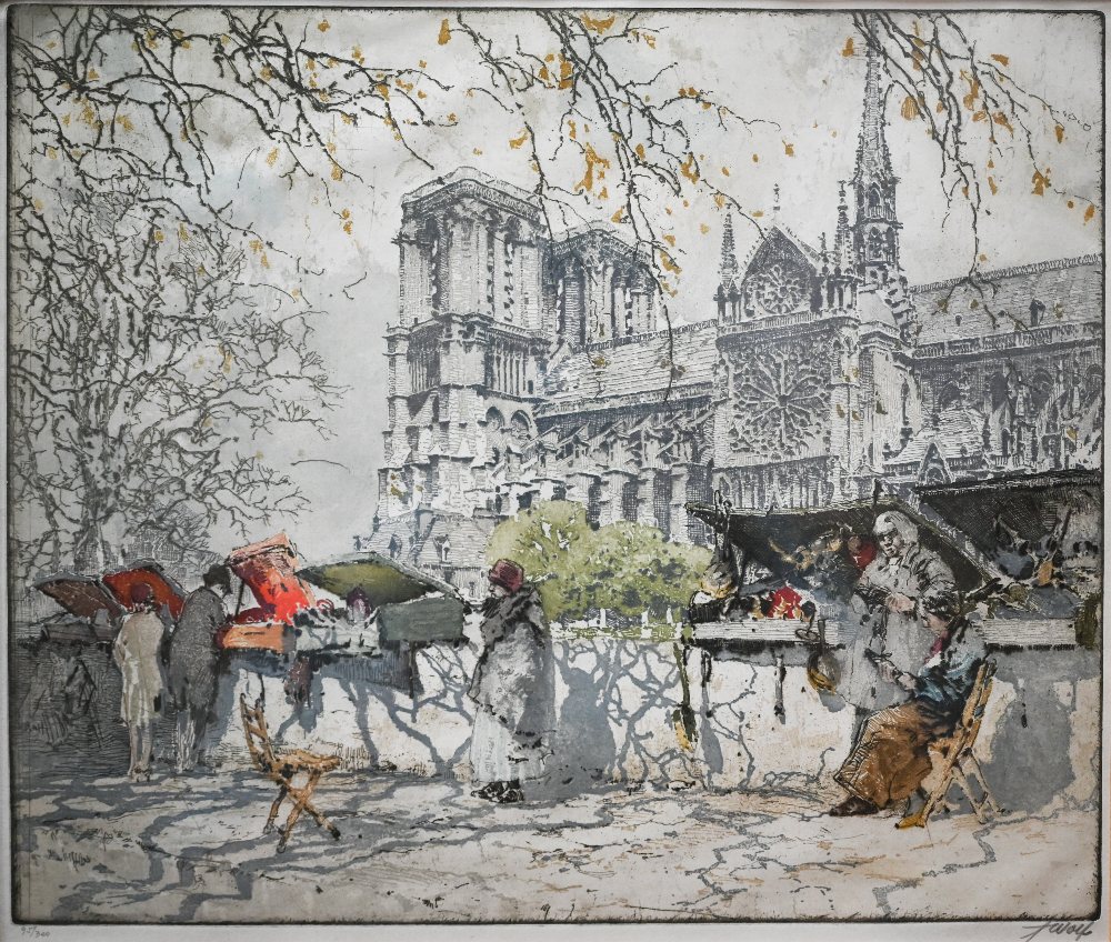 F Wolf (1896-1989) - Sainte-Chapelle, Paris with traders on the bank of the River Seine, limited - Image 2 of 4