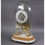 A Victorian brass framed single fusee skeleton clock, the pierced and engraved silvered dial with