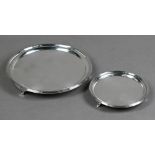 Circular silver letter salver with reeded rim and bracket feet 15.5cm, to/w a somewhat similar