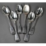 Matched set of six Victorian fiddle pattern tablespoons - various makers and dates, including a pair