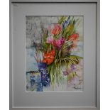 Shirley Trevena (b 1940) - Two flower watercolour studies - 'Spring flowers in the studio', 46 x