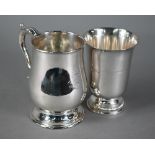 Old Sheffield plate baluster pint mug with leaf-mounted scroll handle, on moulkded foot, engraved