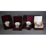 Four boxed Paragon China ltd ed Royal Commemorative loving cups with lion handles, 12 cm high (4)