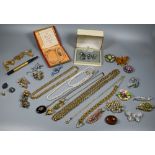 A collection of vintage costume jewellery including Ciro graduated pearls in original box, marcasite