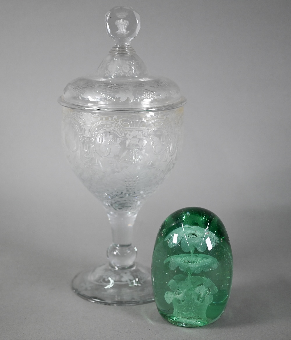 Fine quality early 19th century glass large goblet and cover, the facetted finial engraved with