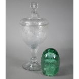 Fine quality early 19th century glass large goblet and cover, the facetted finial engraved with