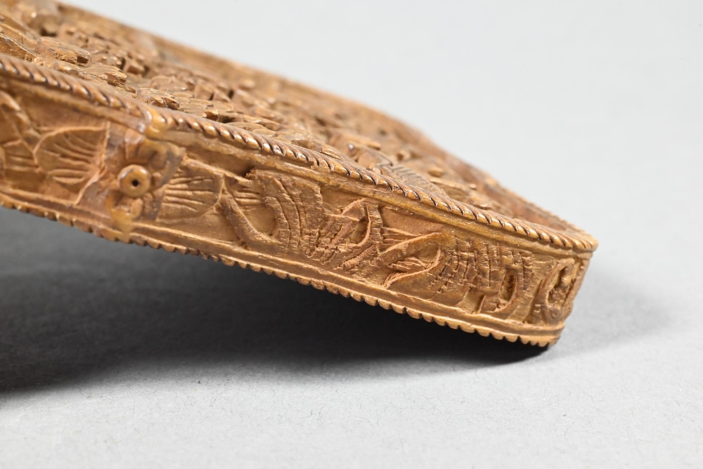 A 19th century Chinese Canton sandalwood card case profusely carved with a village scene, - Image 4 of 10