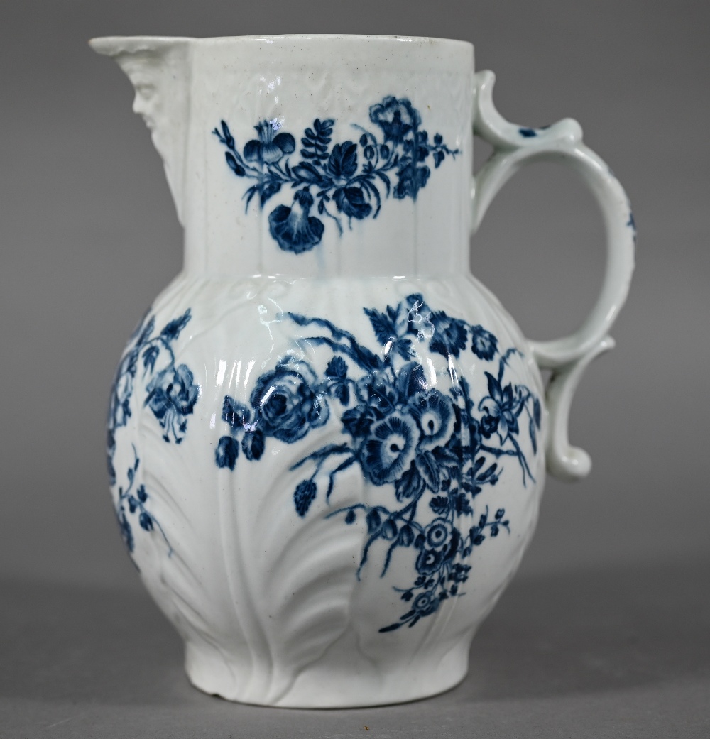 First Period Worcester cabbage-leaf jug with Bacchus-mask spout and scroll handle, printed with blue - Image 2 of 5