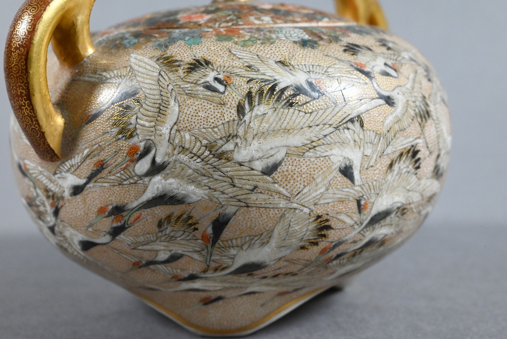 A small Satsuma twin-handled koro and cover with chrysanthemum finial,  gilded and finely painted in - Image 4 of 11