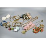 Costume jewellery including gilt metal bangles, watch bangle, bead bracelets, earrings, various