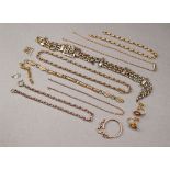 A collection of 9ct old gold jewellery items including bracelets, chains etc all a/f, approx 37g all