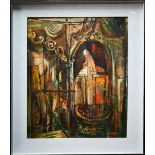Harry Gordon  - Old Bedford Theatre, oil on board, signed lower right, 60 x 50 cm and plaster figure