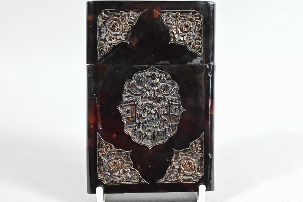 A 19th century Chinese Canton tortoiseshell card-case carved with floral designs around the - Image 5 of 9