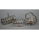 Silver six-division toast-rack and a four-division example, to/w a Dutch pierced bonbon basket